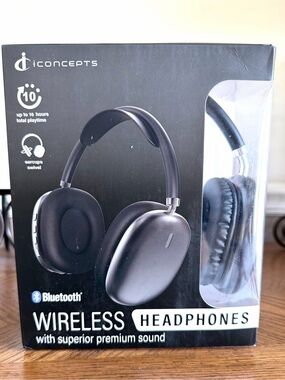 iCONCEPTS NIB Wireless Bluetooth Headphones in Black/ silver 10 hours Bluetooth